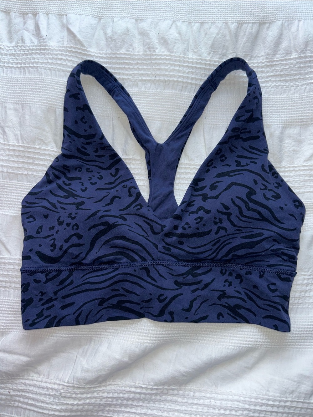 Athleta Navy and Black Animal-Print Racerback Sports Bra